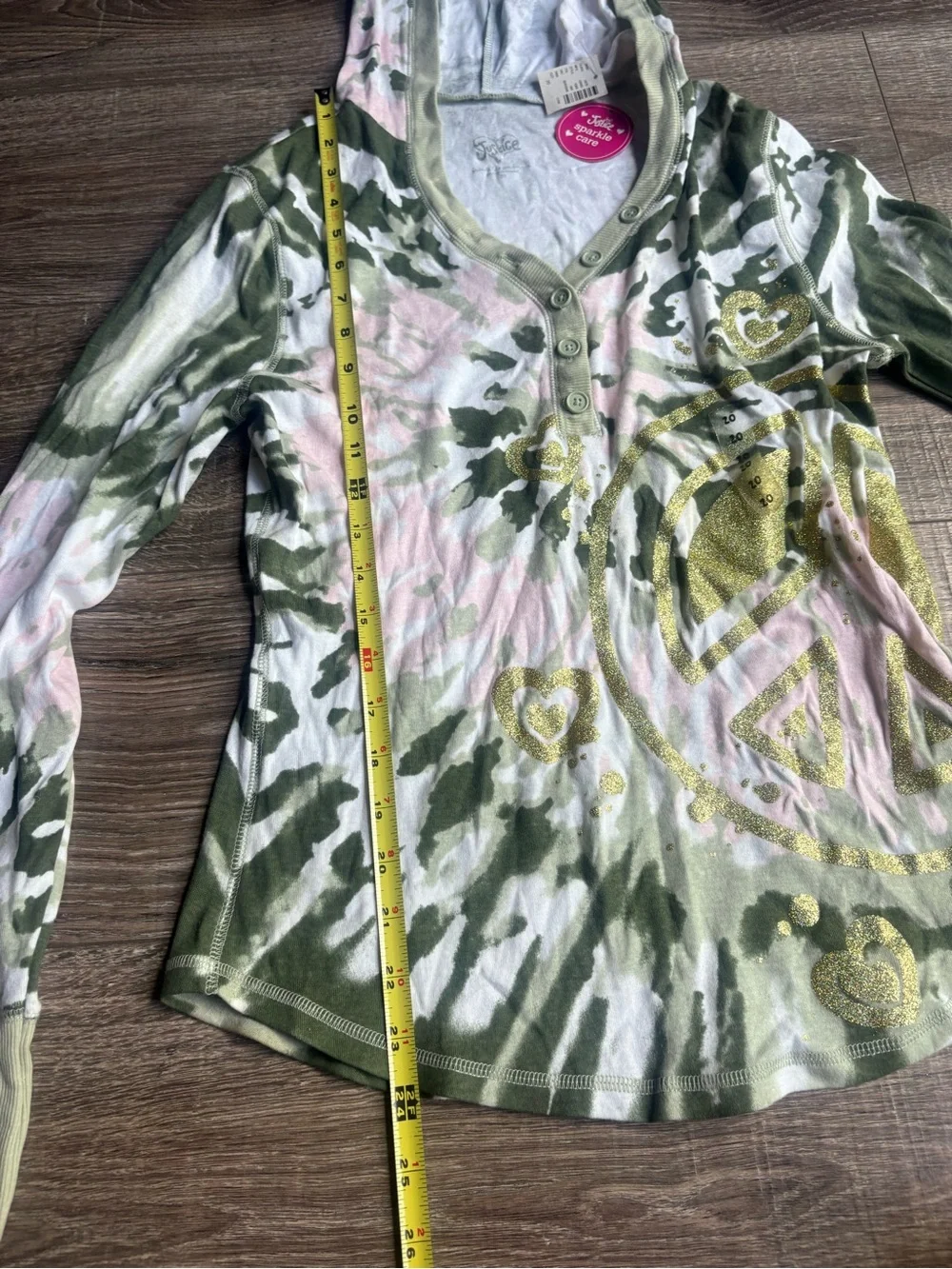 Justice Green and Pink Tie-Dye Long Sleeve Top with Gold Graphic NWT